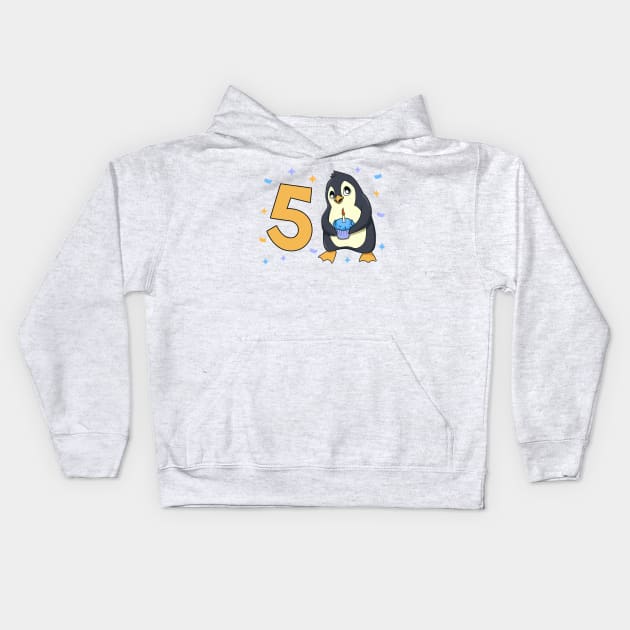 I am 5 with penguin - kids birthday 5 years old Kids Hoodie by Modern Medieval Design